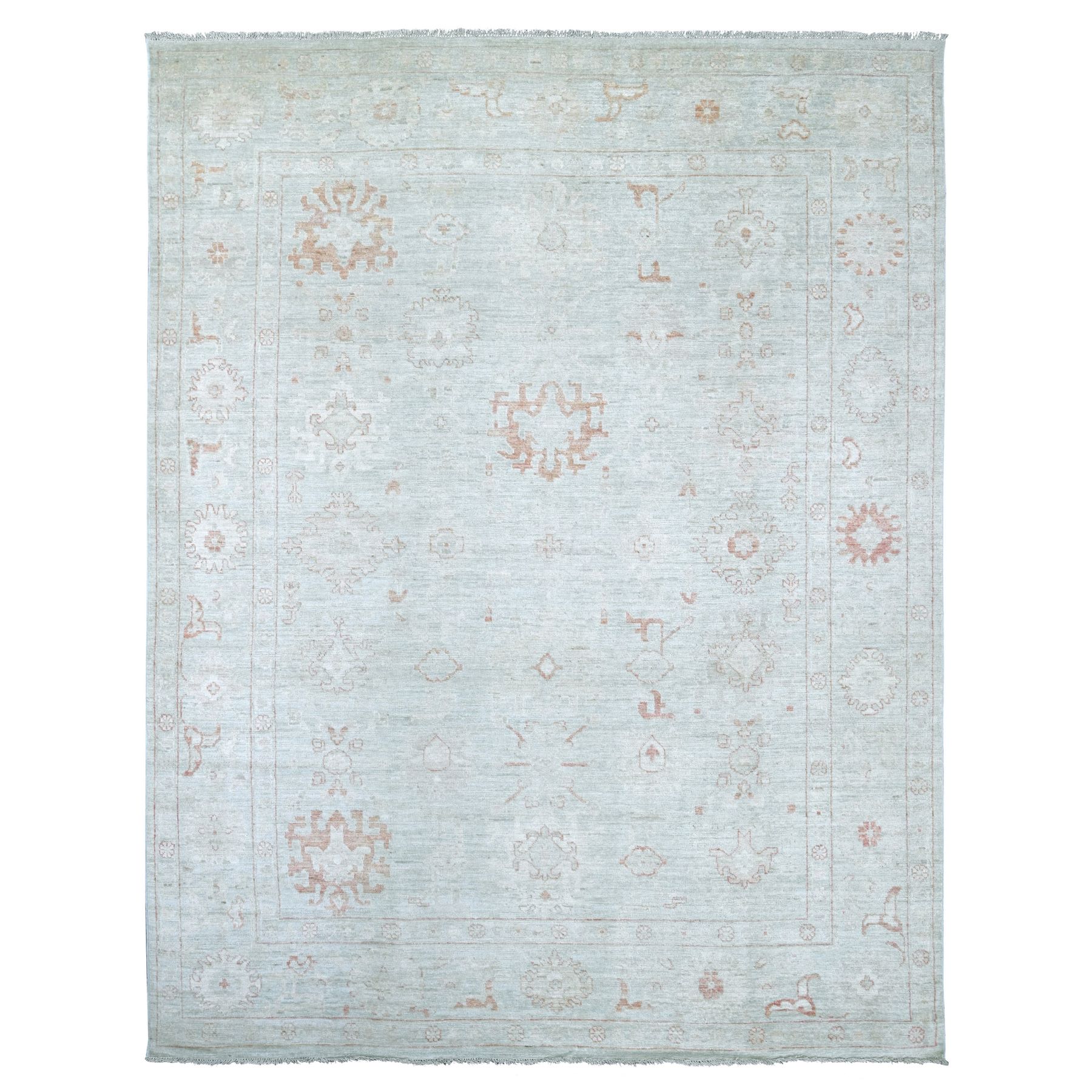8'9"x11'8" Light Green, Afghan Angora Oushak with All Over Leaf Design, Hand Knotted, 100% Wool, Vegetable Dyes, Oriental Rug 